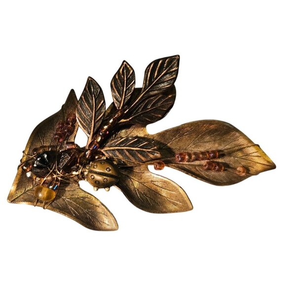 Vintage Brooch Gold-Tone Leaf W/ Ladybug & Beaded Accents Nature Approx. 3 Inch - Picture 7 of 10